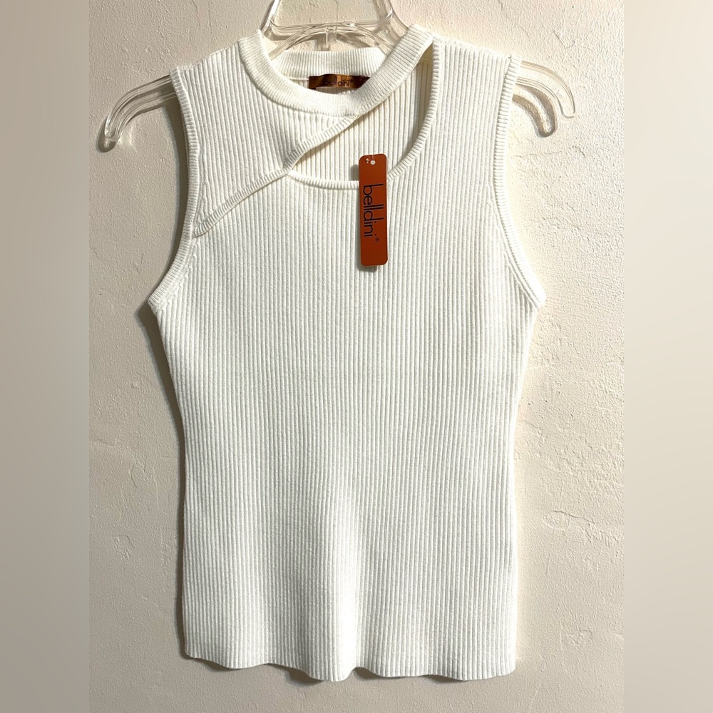 Belldini White Sleeveless Ribbed Knit Top Elegant Cutout Neckline NWT